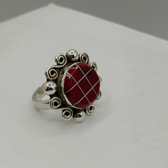 Red Jasper Inlay Sterling Silver Adjustable Ring - Picture 4 of 5